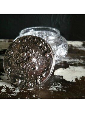 Vintage Gorham Crystal Vanity Jar With Silverplate Repoussé Rose Design Lid